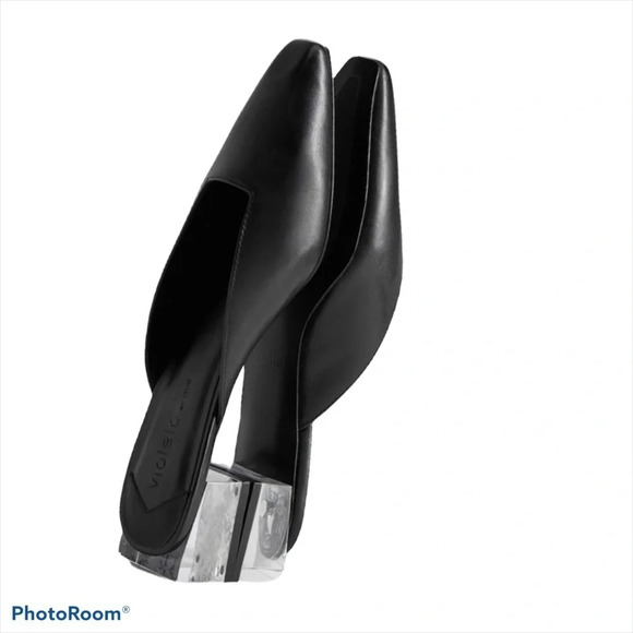 Mango Violeta black leather geometric  clear heels mules Sz 40 - Picture 2 of 16